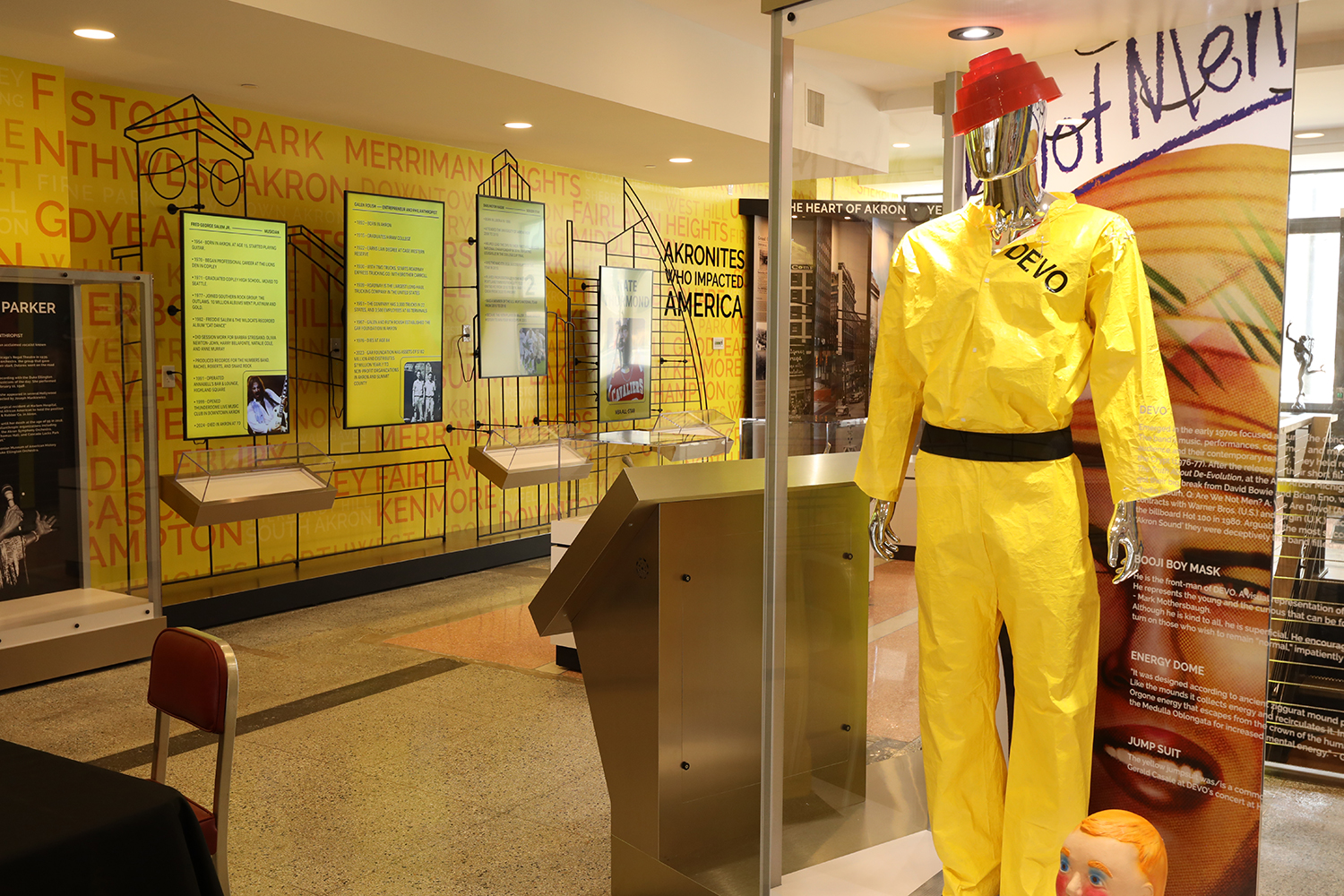 Akron History Center display with DEVO costume